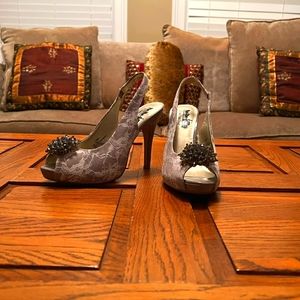 Coach and four heels, champagne toast, open toed,